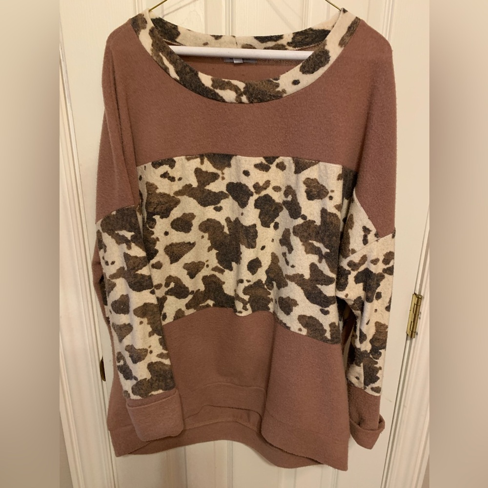 Brown and Cream Cow Print Western Top-White Birch
